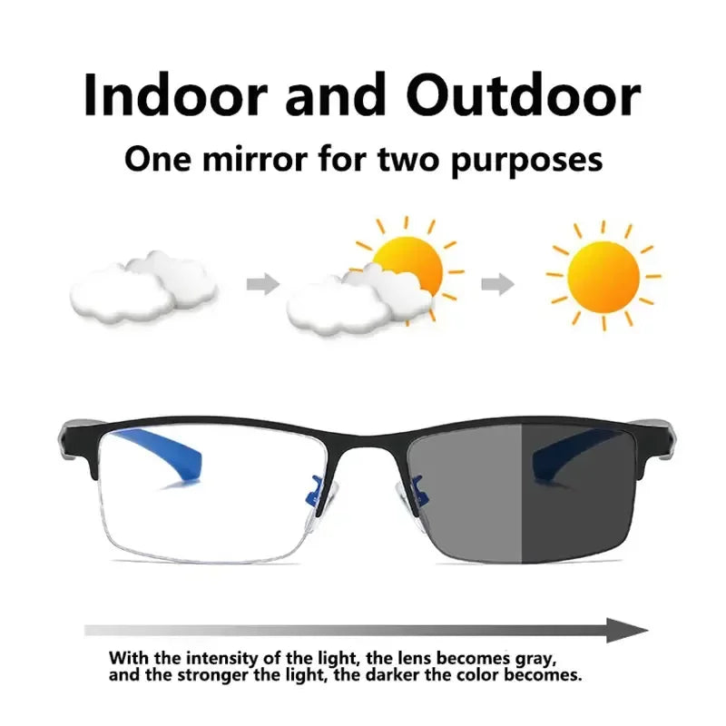 Business Metal Half Frame Photochromic Reading Glasses Anti-blue Light Far Sight Glasses Men High-definition Presbyopia Glasses