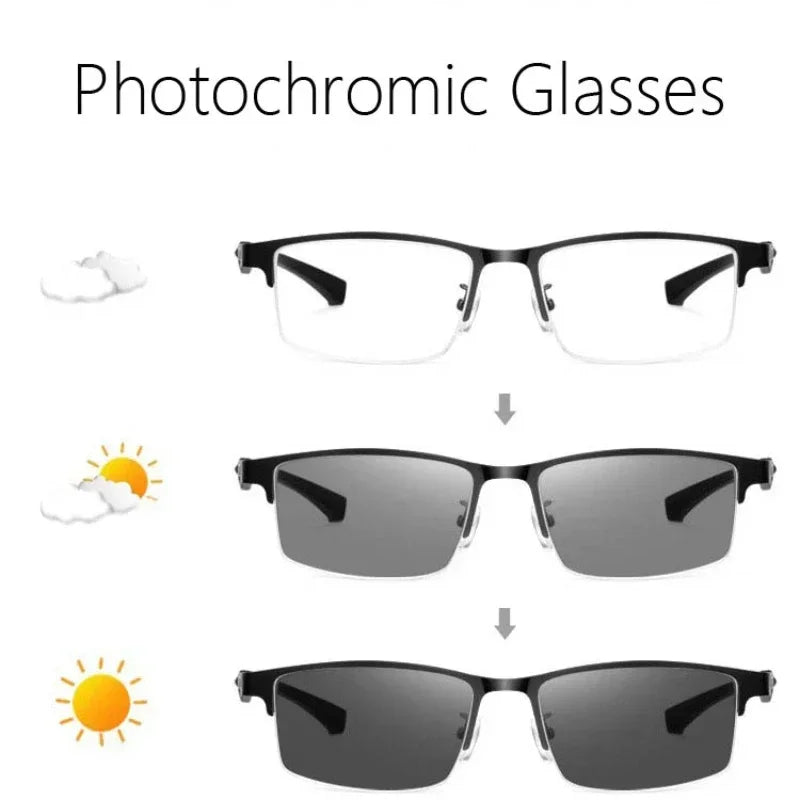 Business Metal Half Frame Photochromic Reading Glasses Anti-blue Light Far Sight Glasses Men High-definition Presbyopia Glasses