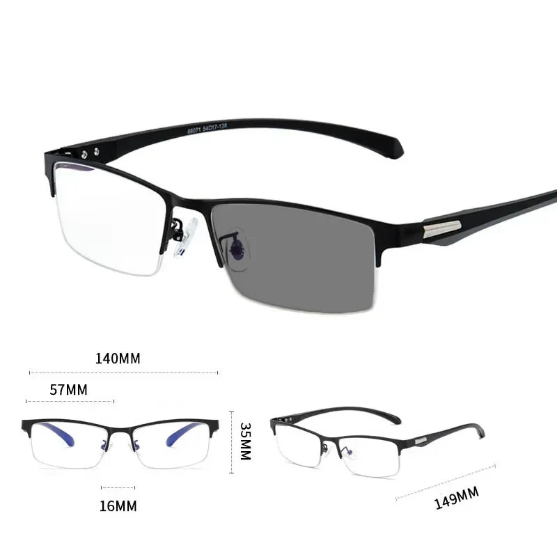 Business Metal Half Frame Photochromic Reading Glasses Anti-blue Light Far Sight Glasses Men High-definition Presbyopia Glasses