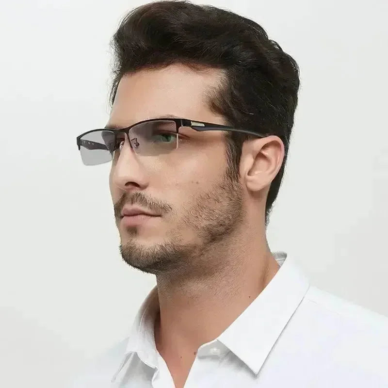 Business Metal Half Frame Photochromic Reading Glasses Anti-blue Light Far Sight Glasses Men High-definition Presbyopia Glasses