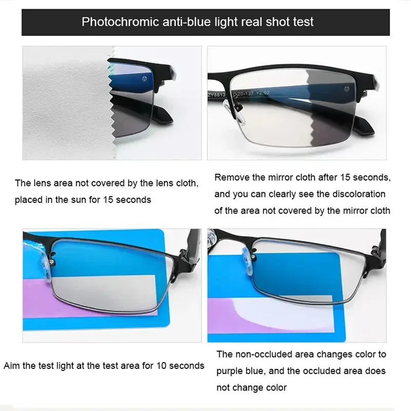 Business Metal Half Frame Photochromic Reading Glasses Anti-blue Light Far Sight Glasses Men High-definition Presbyopia Glasses