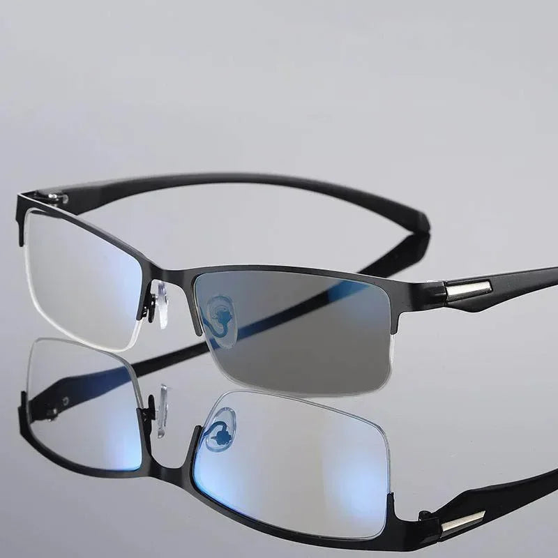 Business Metal Half Frame Photochromic Reading Glasses Anti-blue Light Far Sight Glasses Men High-definition Presbyopia Glasses